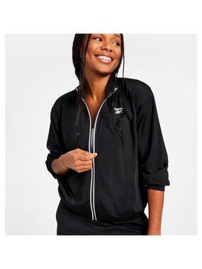 Reebok Womens Logo Tricot Long-Sleeve Activewear jacket Black Size L MSRP $55